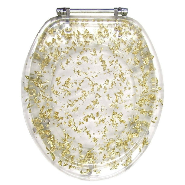 GOLD FOIL RESIN ACRYLIC TOILET SEAT, ELONGATED SIZE, CHROME HINGES
