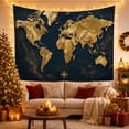 thumbnail image 3 of Gold World Map Against Deep Navy with Compass Rose, Dramatic Vintage for Travel Lovers, Cartography Wall Art, New Home Gift, Tapestry Wall Hanging for Living Room and Den, 3 of 7