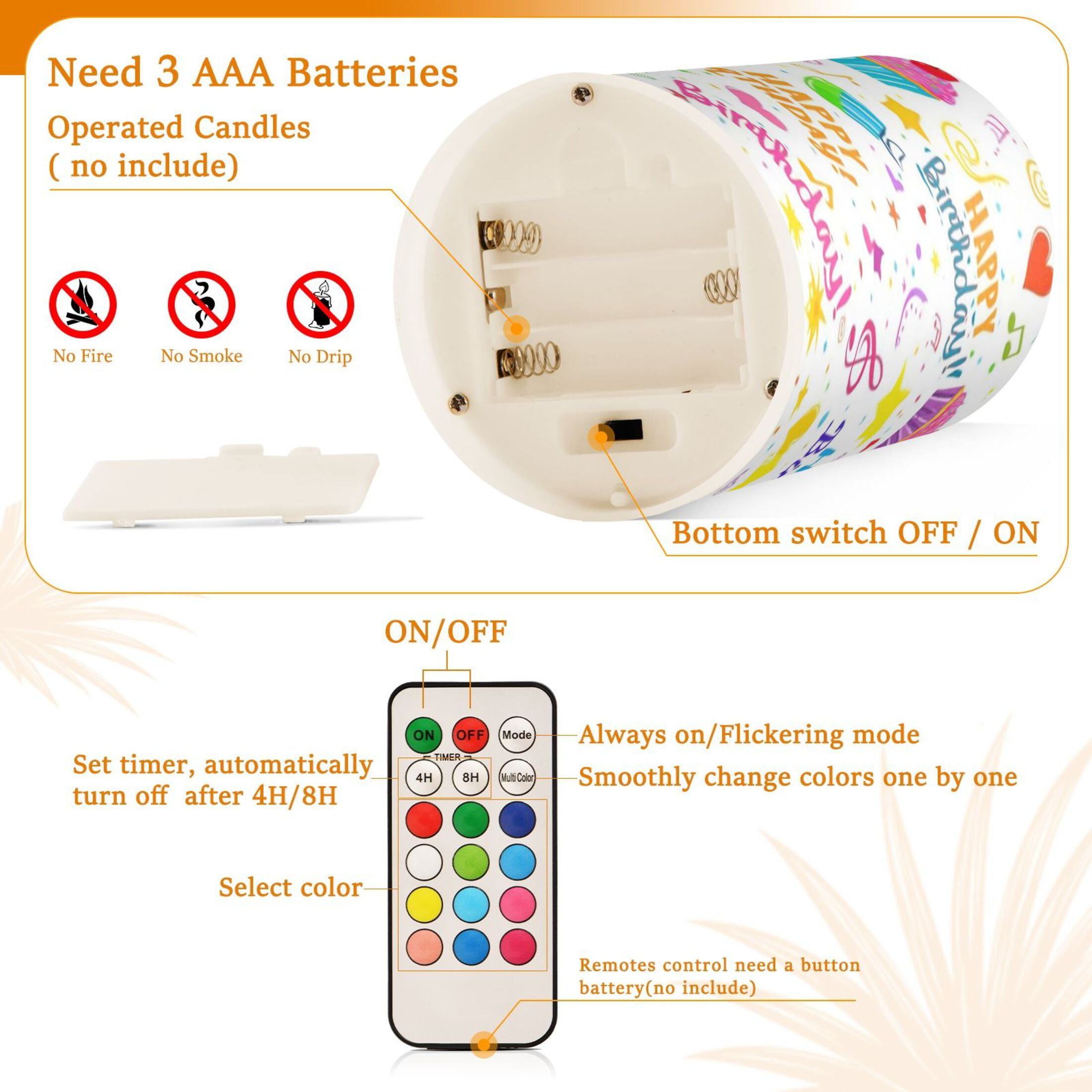 Happy Birthday Flickering Flameless Candles Battery Operated with Remote Timer LED Pillar Candles Set of 2