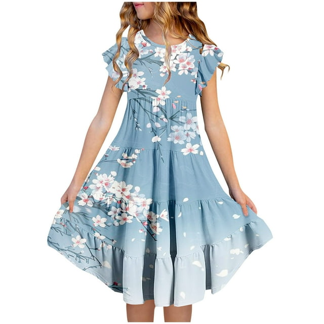 LOVZFMLL Robe d'Été à Fleurs pour Filles Manches Courtes Poches à Volants Col Rond Imprimé pour Enfants