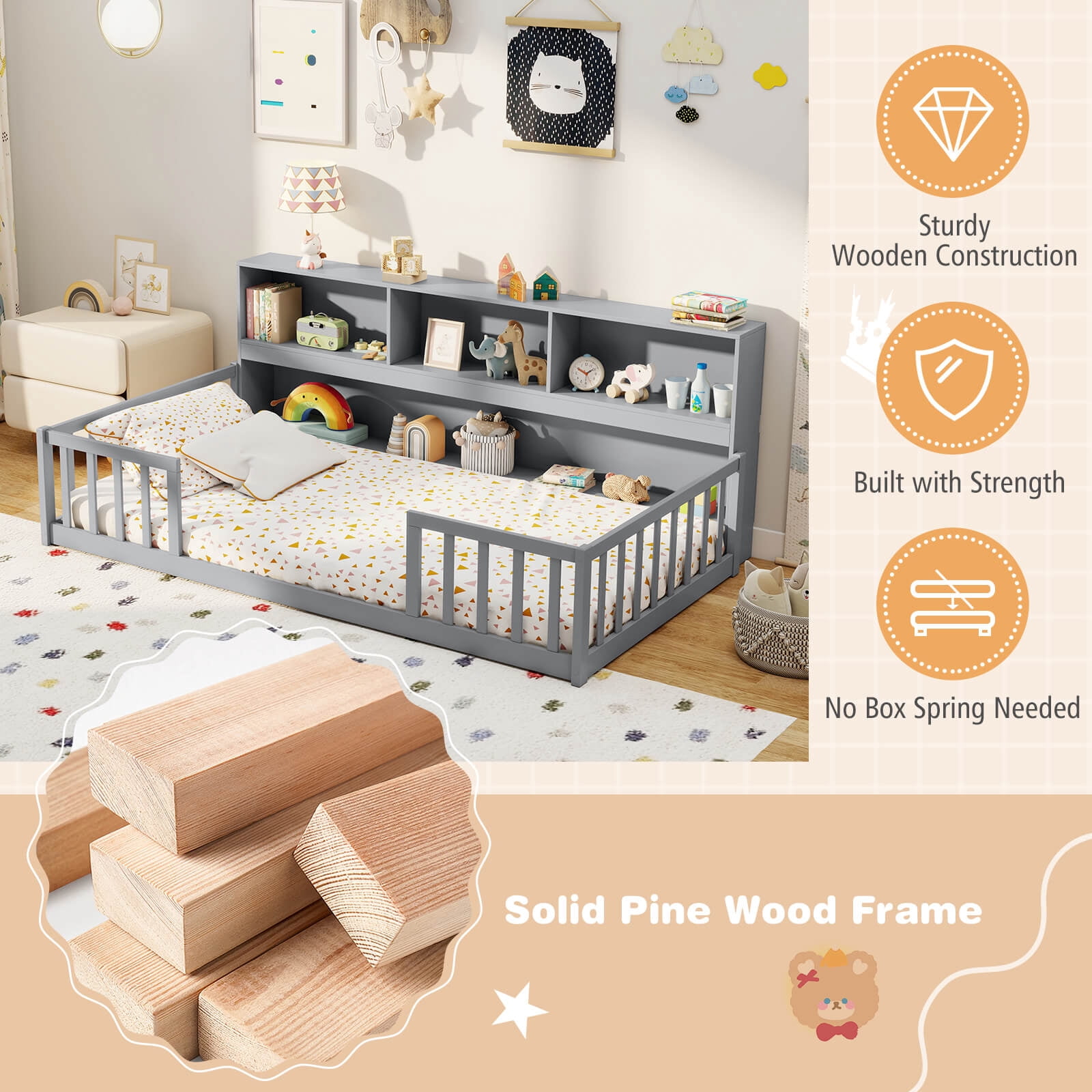 Costway Twin Size Montessori Floor Bed with Bookcase Storage Shelves & Safety Fence Rails Gray