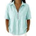 thumbnail image 4 of Olyvenn Women's Half-Zip Linen Blend Button Collared Shirt, Short Sleeve, Two Chest Pockets, Casual & Workwear Top Sky Blue M, 4 of 7