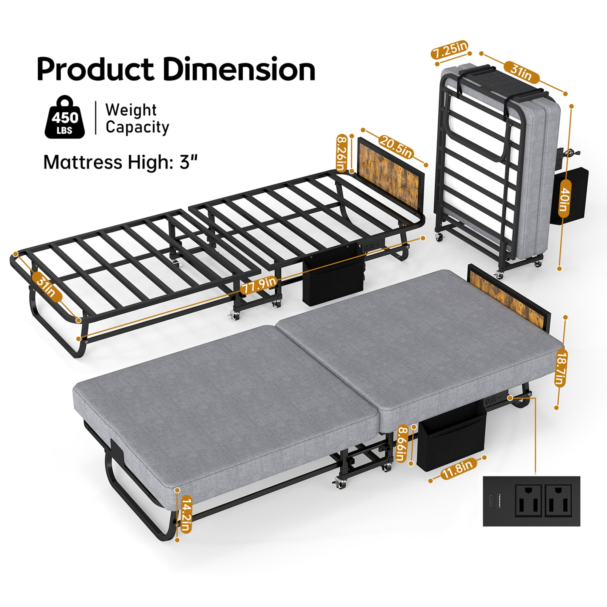 78"×31" Folding Bed with 3" Memory Foam Mattress,4 Lockable Wheels Portable & Space Saving,Twin Size Rollaway Bed,Metal Frame for 450 Pound Small Apartments & Guest Rooms