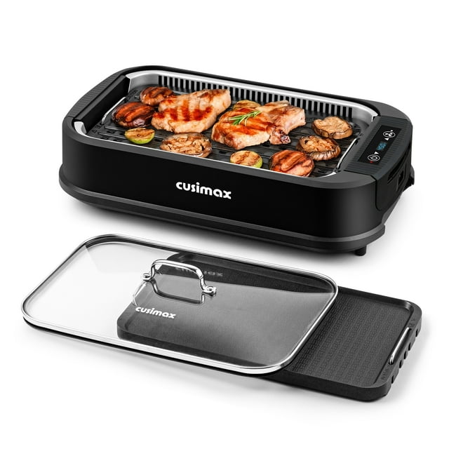 CUSIMAX 1500W Smokeless Indoor Electric Grill & Griddle, Portable Korean BBQ Grill with LED Smart Display, Tempered Glass Lid, Nonstick Removable Plates, Black