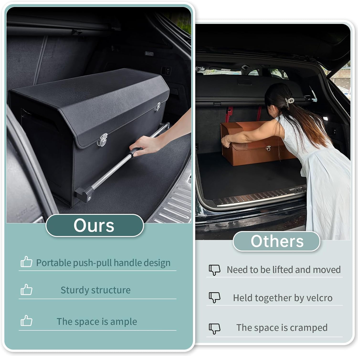 Car Organizer Trunk, Durable Collapsible Leather Trunk Organizer with Lid and Sturdy Handle, Auto Cargo Storage Compartments, SUV/Car Accessories for Men/Women (11.4 x 27 x 12.2, Black)