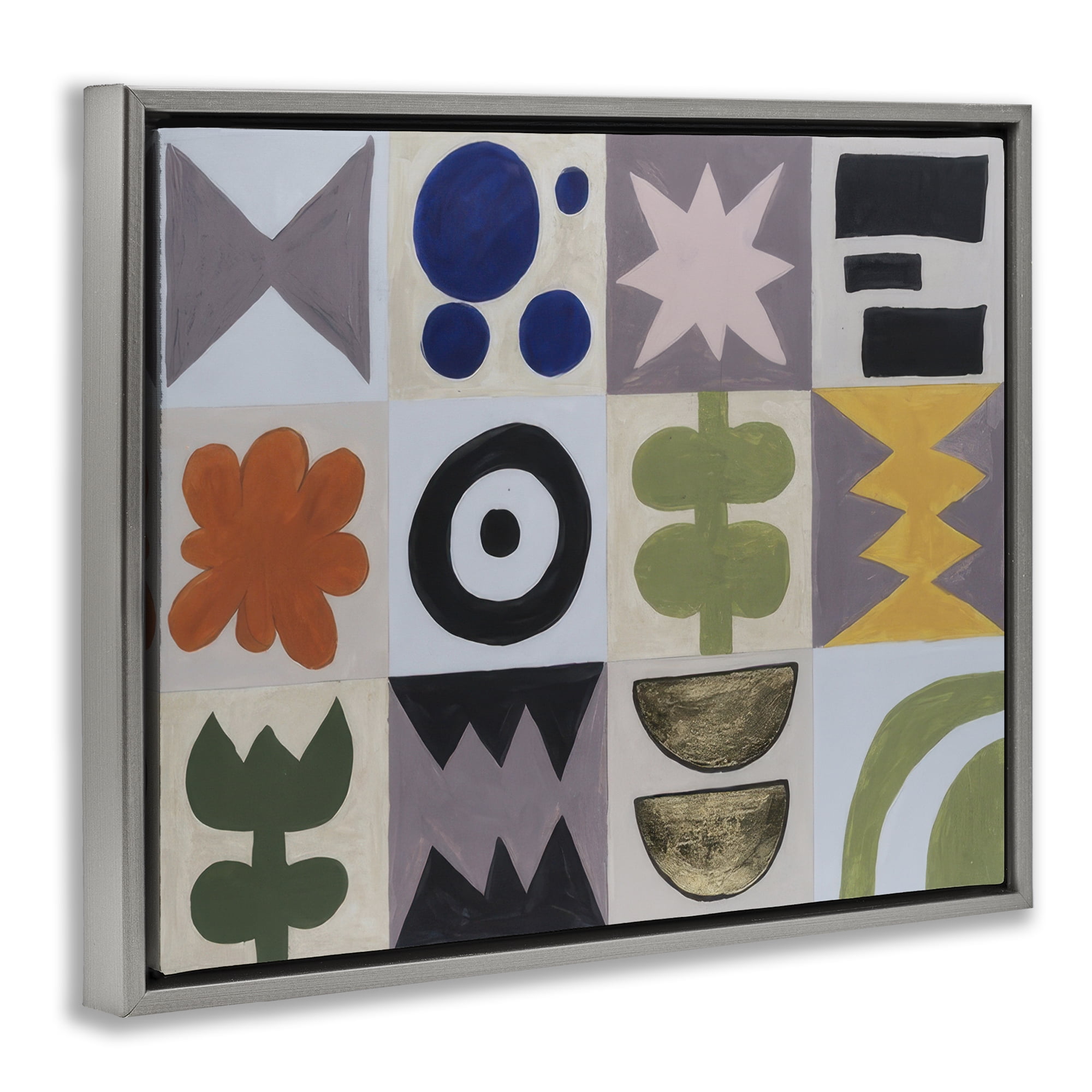 Stupell Industries Contemporary Tulips & Shapes Abstract Painting Gray Floater Framed Canvas Art Print Wall Art, 21 x 17