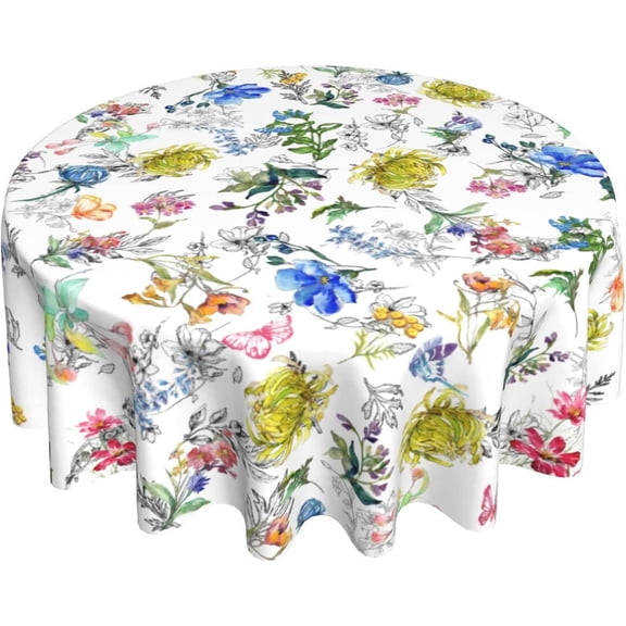 Floral Tablecloth Round 60 Inch Flowers Print Spring Summer Tablecloth Rustic Butterfly Table Cloth With Wrinkle Resistant For Kitchen Holiday Picnic Party Dinner Room Patio Indoor Outdoor Decor
