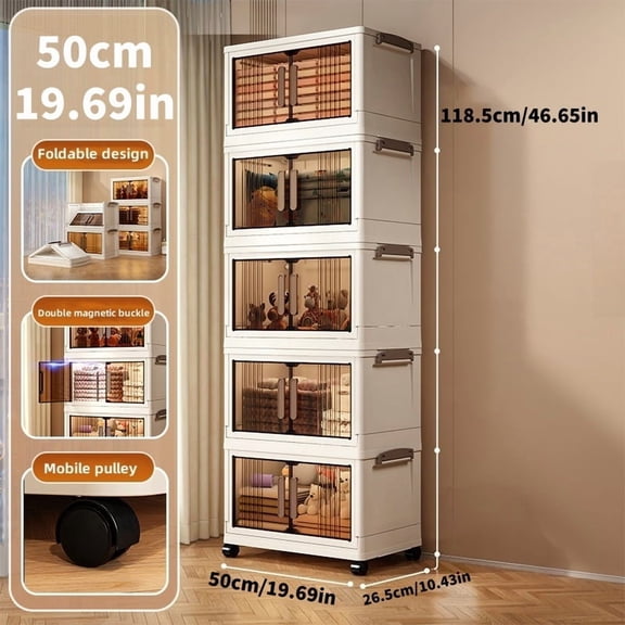 5 layer folding storage cabinet - plastic storage box with lid, stackable container with wheels
