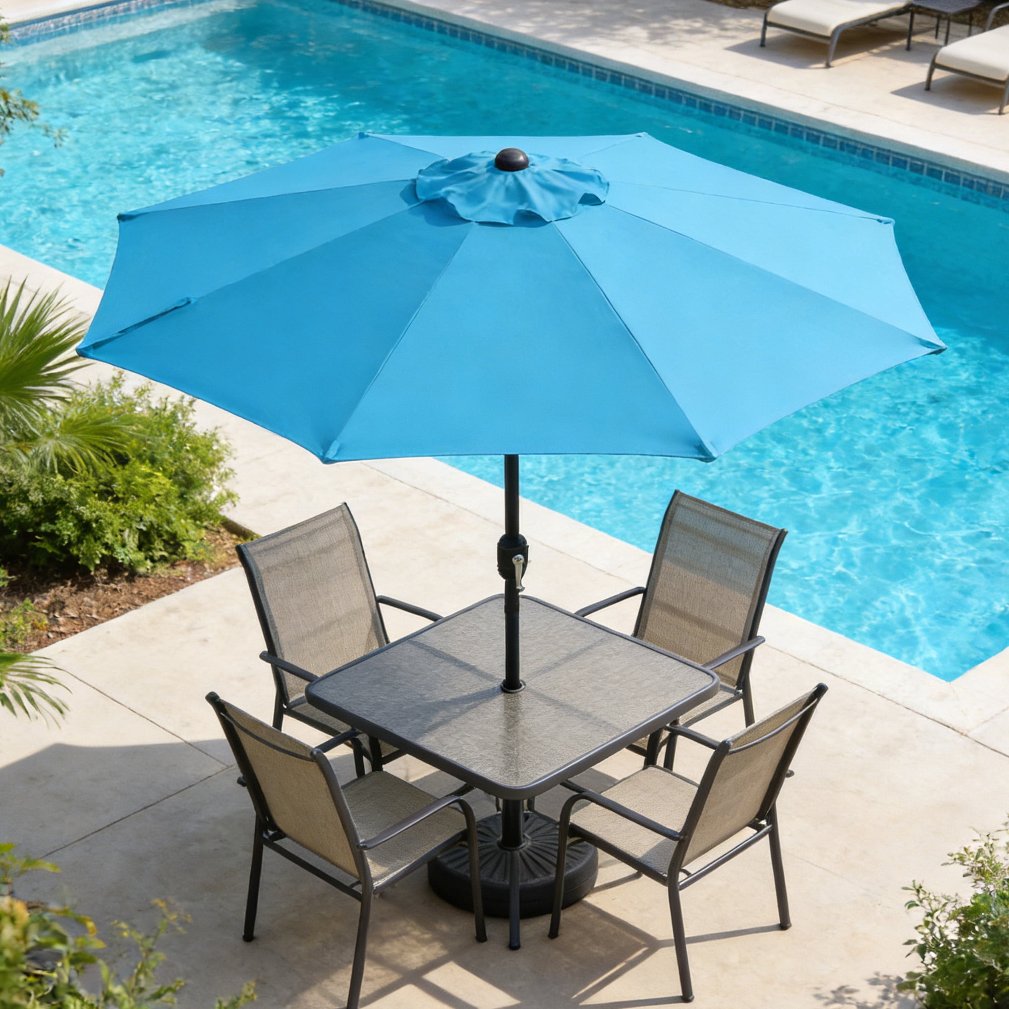 Kool 10FT Outdoor Patio Umbrella with Push Button Tilt and Crank Handle, Market Umbrella with 8 Sturdy Umbrella Ribs, Aqua