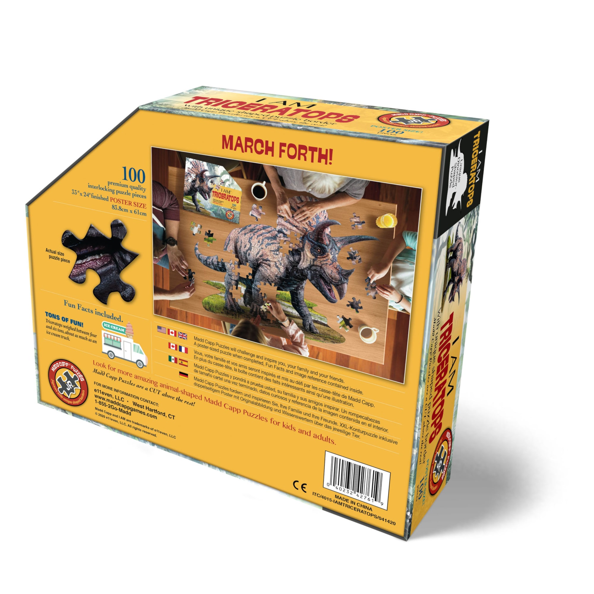 Madd Capp TRICERATOPS 100 Piece Jigsaw Puzzle For Ages 6+ - 4015 - Unique Animal-Shaped Border, Poster Size when completed, Oversized Puzzle Pieces For Easy Handling, Includes Educational Fun Facts