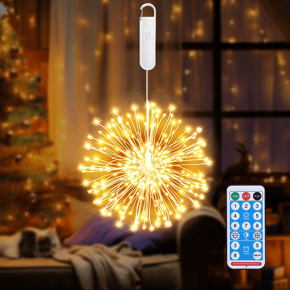 1 Pack Firework Lights LED, Hanging Christmas Lights, 8 Modes USB Rechargeable Battery Operated Fairy Light with Remote, Twinkle Star String Lights for Party Christmas Decoration Outdoor Indoor