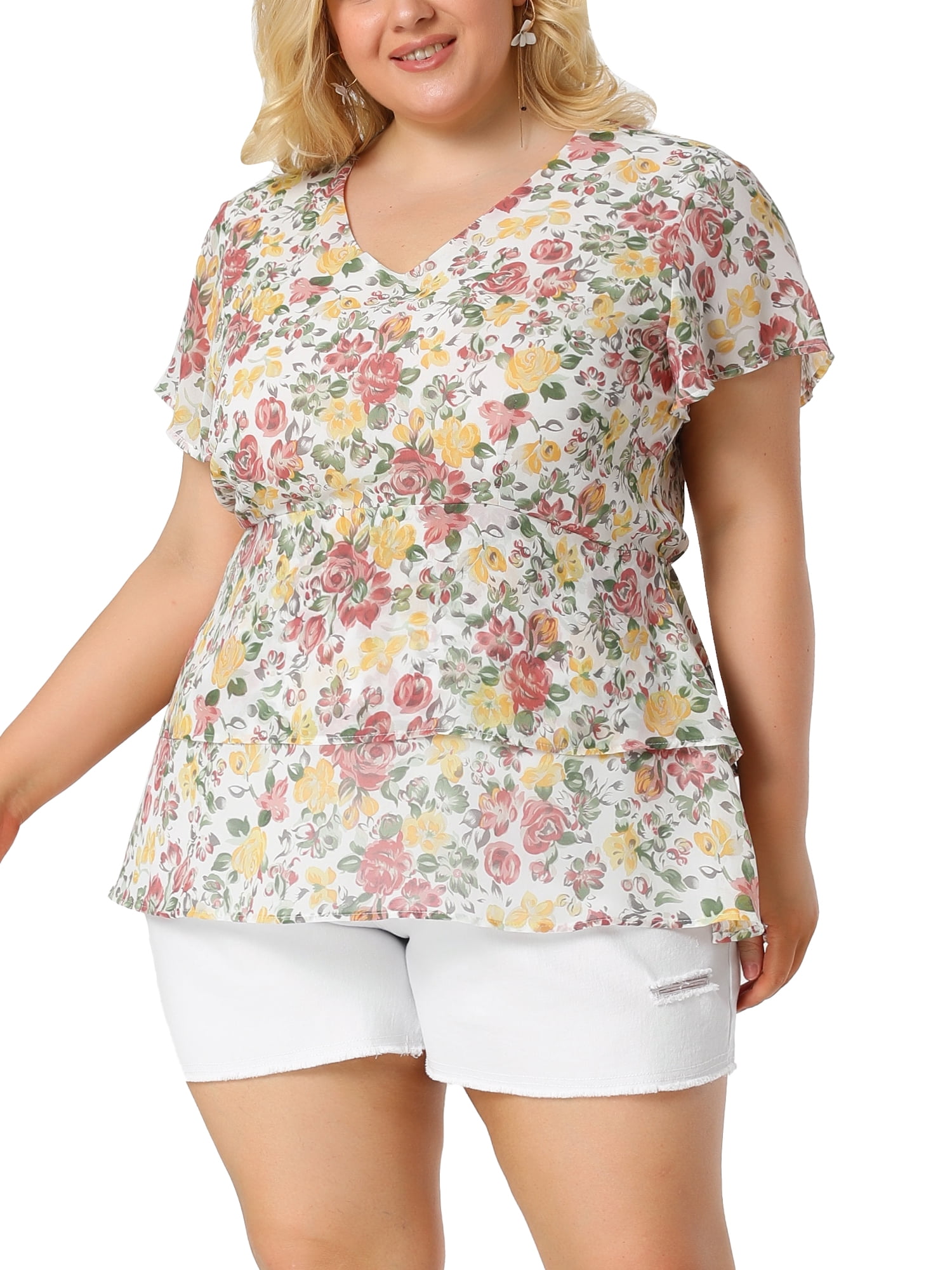 Unique Bargains Women's Plus Size V Neck Flare Floral Print Sleeve Tiered Peplum Top