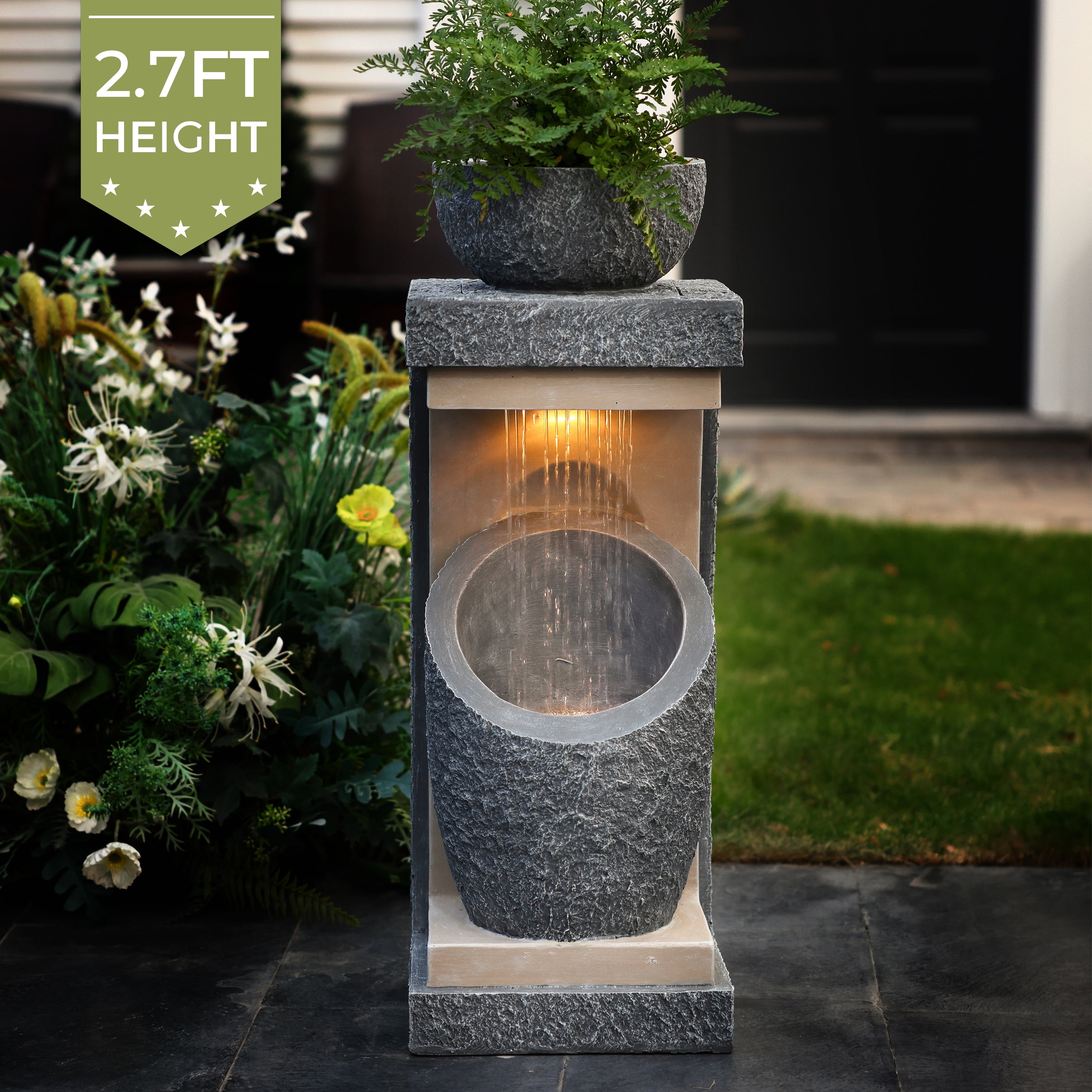 LuxenHome 32" Resin Cascading Water Fountains Outdoor and Indoor with LED Lights, Modern Water Features Garden Decor