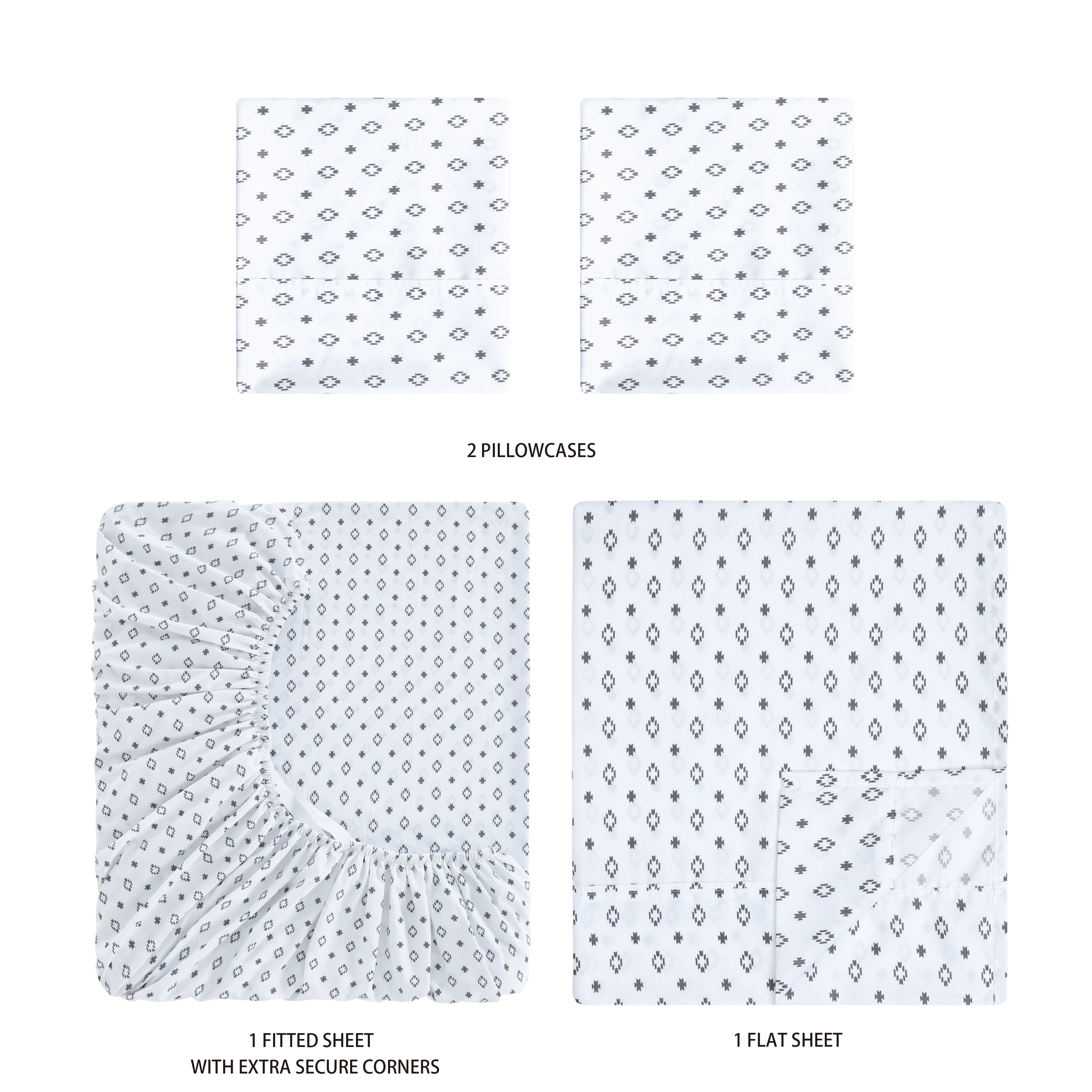 Mainstays Super Soft Brushed Microfiber Bed Sheet Set, Black & White Diamond, Full, 4 Piece