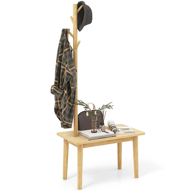 Costway End Table with Coat Rack 2-in-1 Side Table 3 Hooks for Hats Bags Coats Freestanding Natural