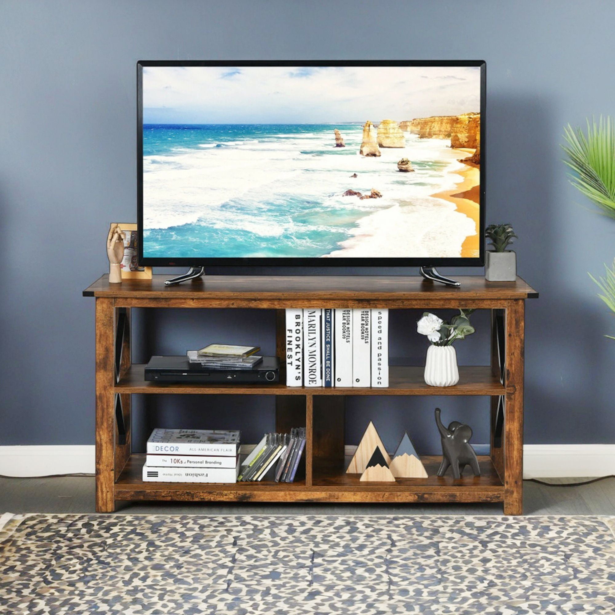 Demi Bonn TV Cabinet, 3 Tier Wood TV Stand for 55" with Open Shelves and X-Shaped Frame, Media Entertainment Center with Storage, for Living Room, Bedroom, Brown