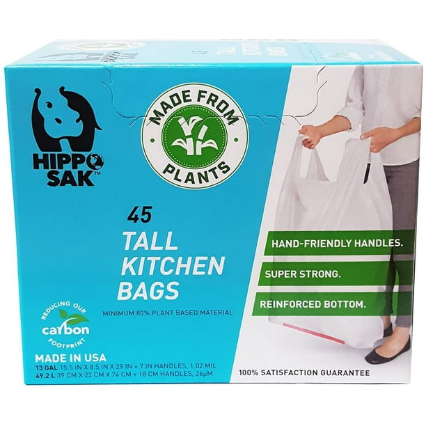 Plant Based Hippo Sak Tall Kitchen Bags with Handles, 13 Gallon (45