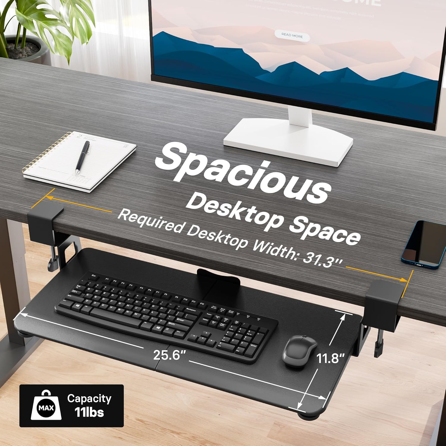 KMT01 Under Desk Keyboard Tray, Pull-Out Keyboard & Mouse Platform with C-Clamp, 25.6 x 11.8 in Space-Saving Ergonomic Slide-Out Drawer