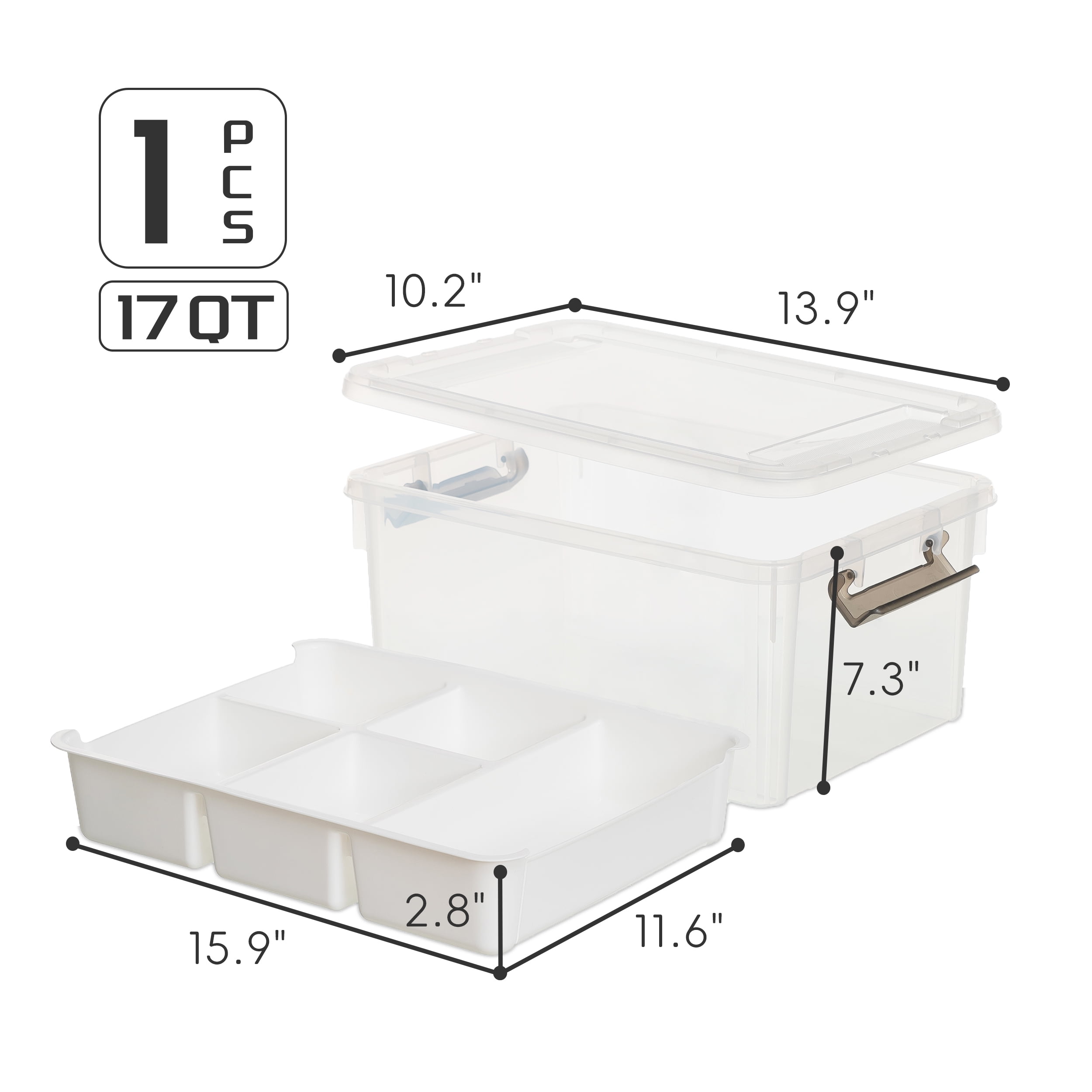 Kerhouze 17 Qt Clear Storage bins with Lid and 5 Grids Tray Plastic for Kids Craft Toy Sewing Organizer 1 Pack