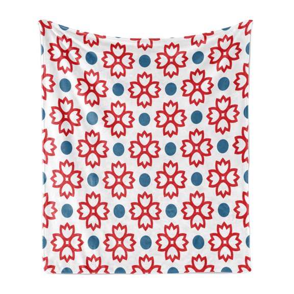Floral Soft Flannel Fleece Blanket, Abstract European Traditional Polka Dots Symmetrical Natural Inspiration, Cozy Plush for Indoor and Outdoor Use, 50" x 60", Slate Blue Red White, by Ambesonne