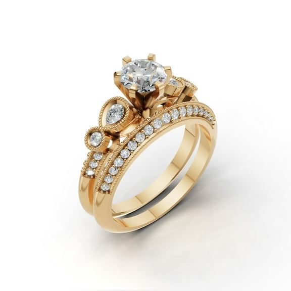 JFY JEWELS 2.1Ct Natural Moissanite Women's Wedding Bridal Ring Set 14K Yellow Gold Plated 925 Sterling Silver