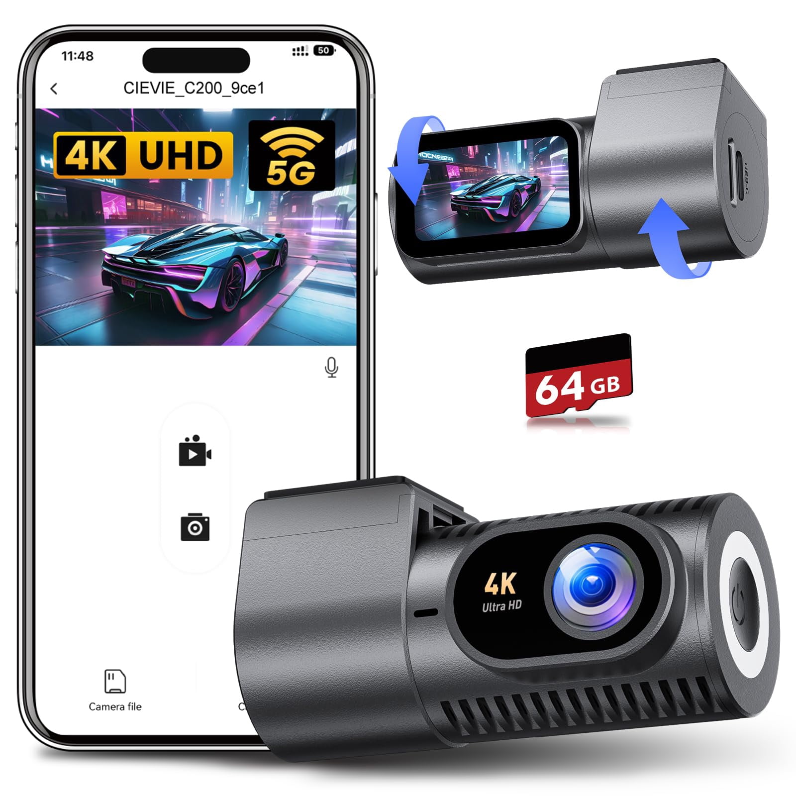 Dash Cam Front 4K - 1.5" IPS Display & 5G WiFi & 64G Card, 360&Acirc;&deg; Rotation Mini Dashcam, Car Camera with WDR Night Vision, 24H P
