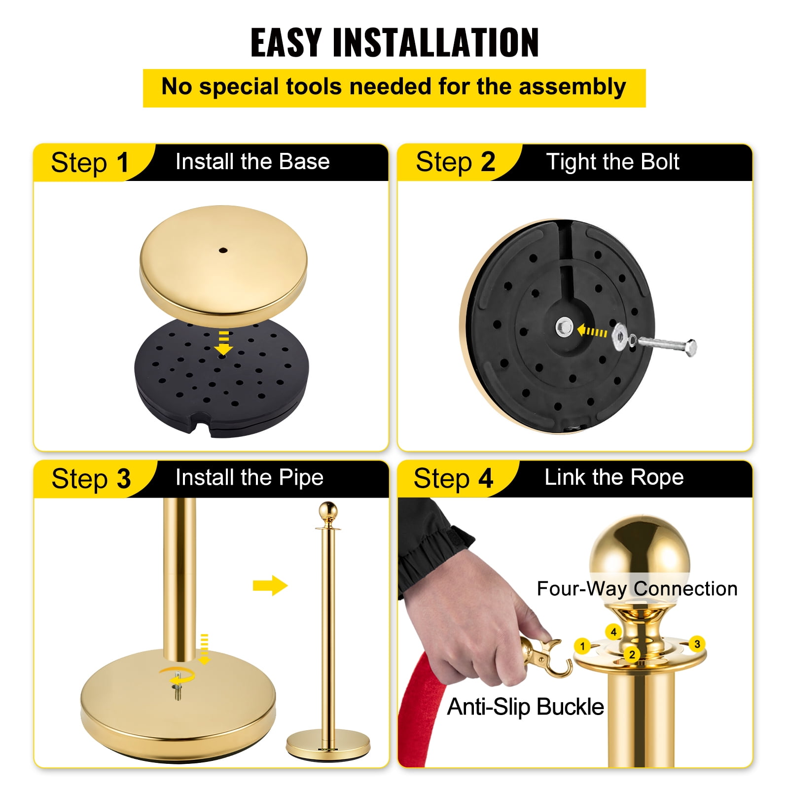 SKYSHALO 4Pcs Stainless Steel Stanchion Posts 2 Red Velvet Ropes Gold 38In Crowd Control Barrier with 5FT Rope for Theaters, Party, Wedding, Exhibition, Ticket Offices, Crowd Control