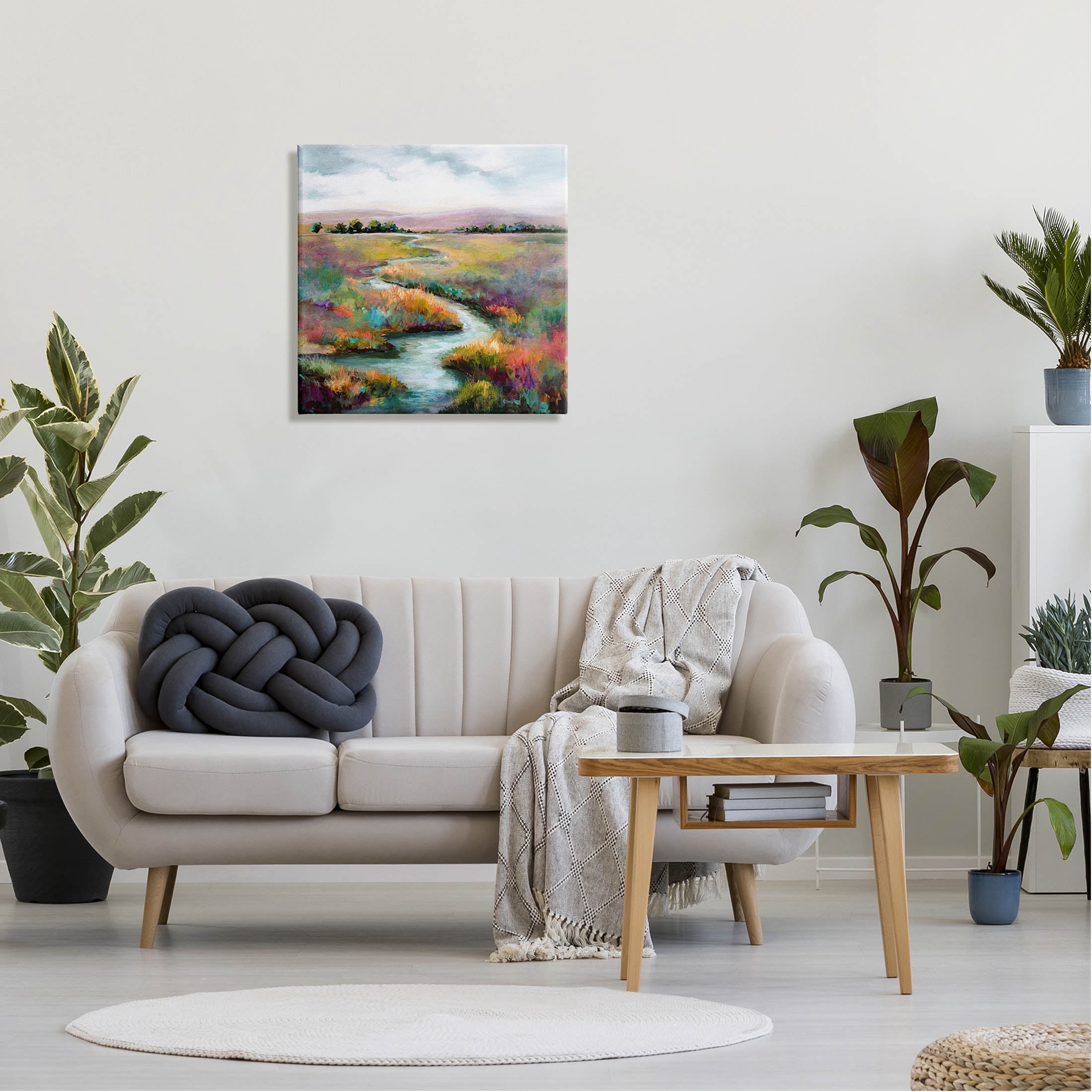 Vivid River Flowing Rural Vegetation Landscape Painting Gallery Wrapped Canvas Print Wall Art