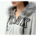 thumbnail image 2 of Women's Faux Fur Hooded Letter Print Pocket Zip-Up Hoodies Casual Jacket Fall Winter Gray XS, 2 of 3