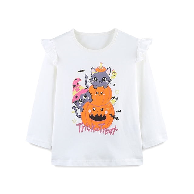 MIASHUI Stylish Girls Long Sleeve Tops for Halloween European Style Cartoon Print Knit Pullover with Unique Flying Sleeve Design for Kids White,6-7 Years