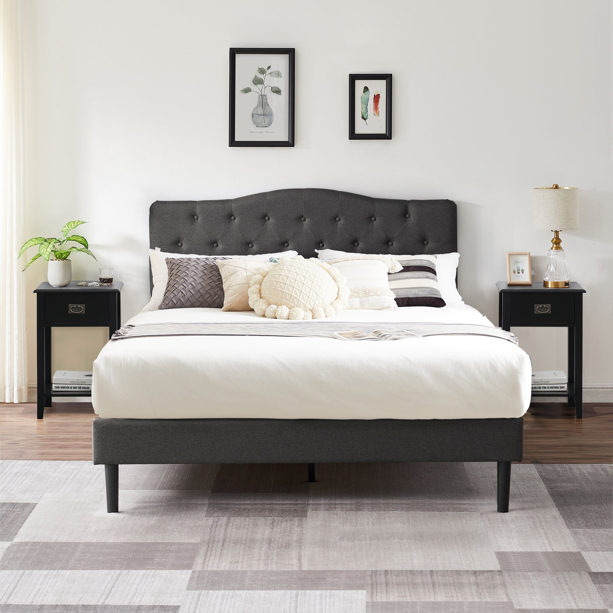 VECELO (Set of 3) Bedroom Set Upholstered Bed Frame and 2 Nightstand