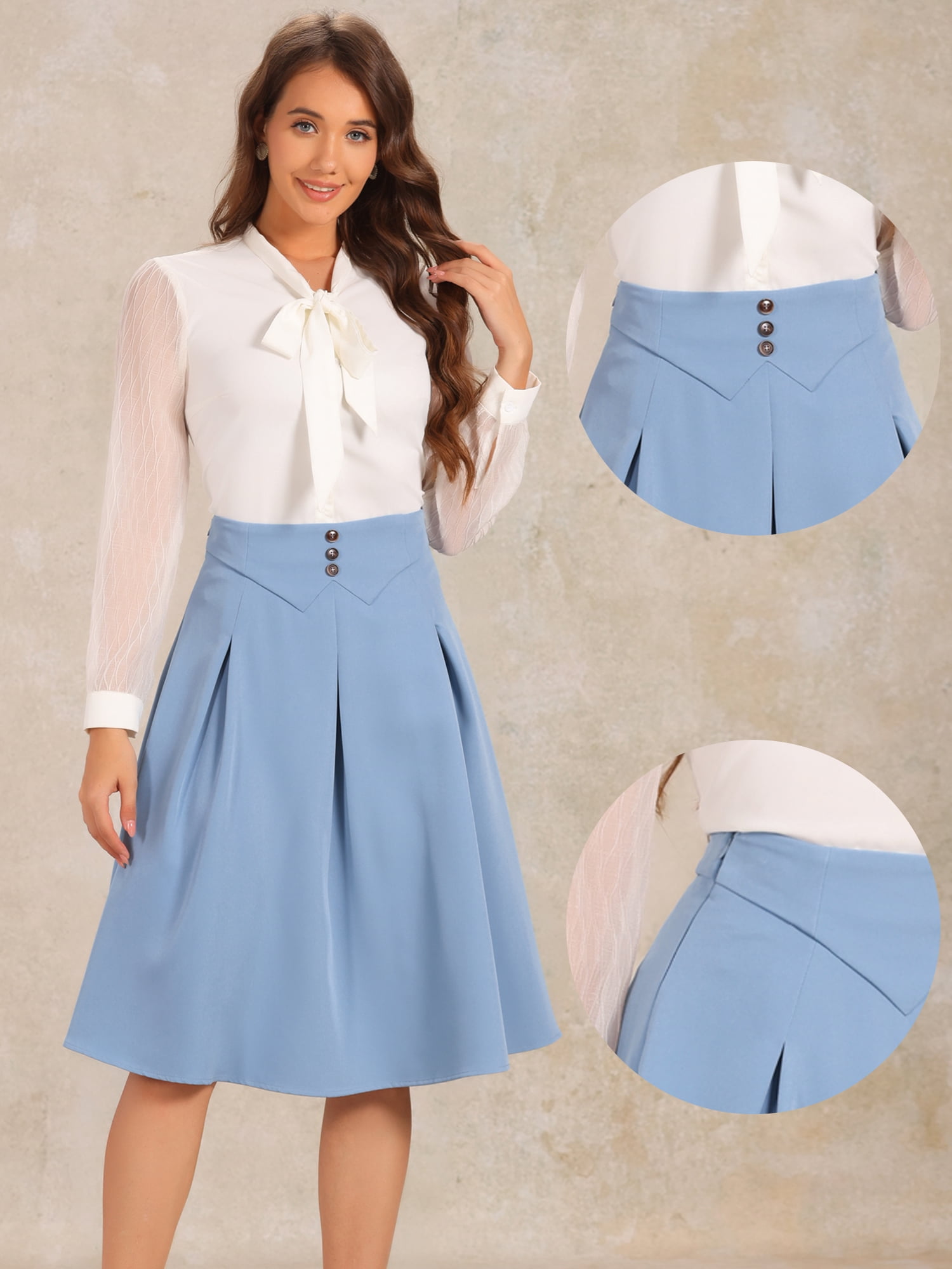 DARING DIVA Women's Casual Office A-Line Button Decor Midi Skirts M Grey Blue