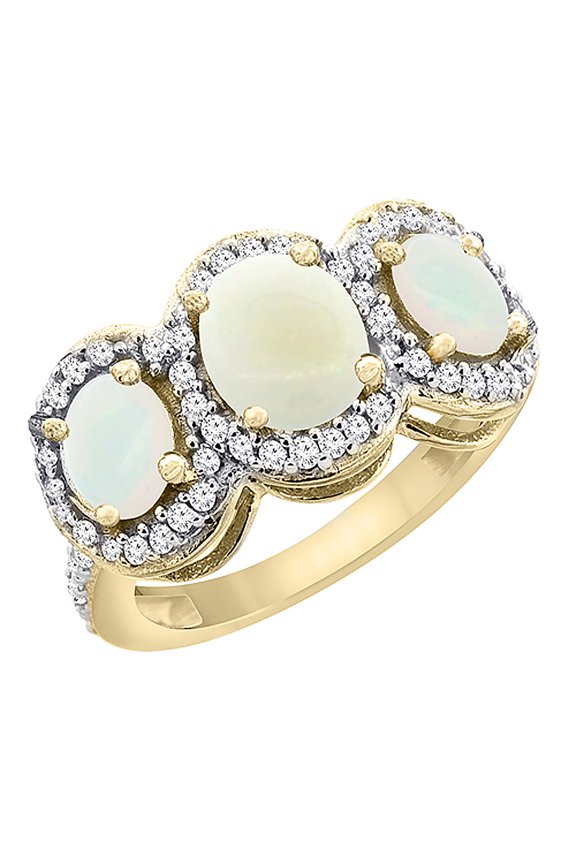 14K Yellow Gold Natural Opal 3-Stone Ring Oval Diamond Accent, size 5