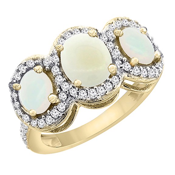 14K Yellow Gold Natural Opal 3-Stone Ring Oval Diamond Accent, size 7