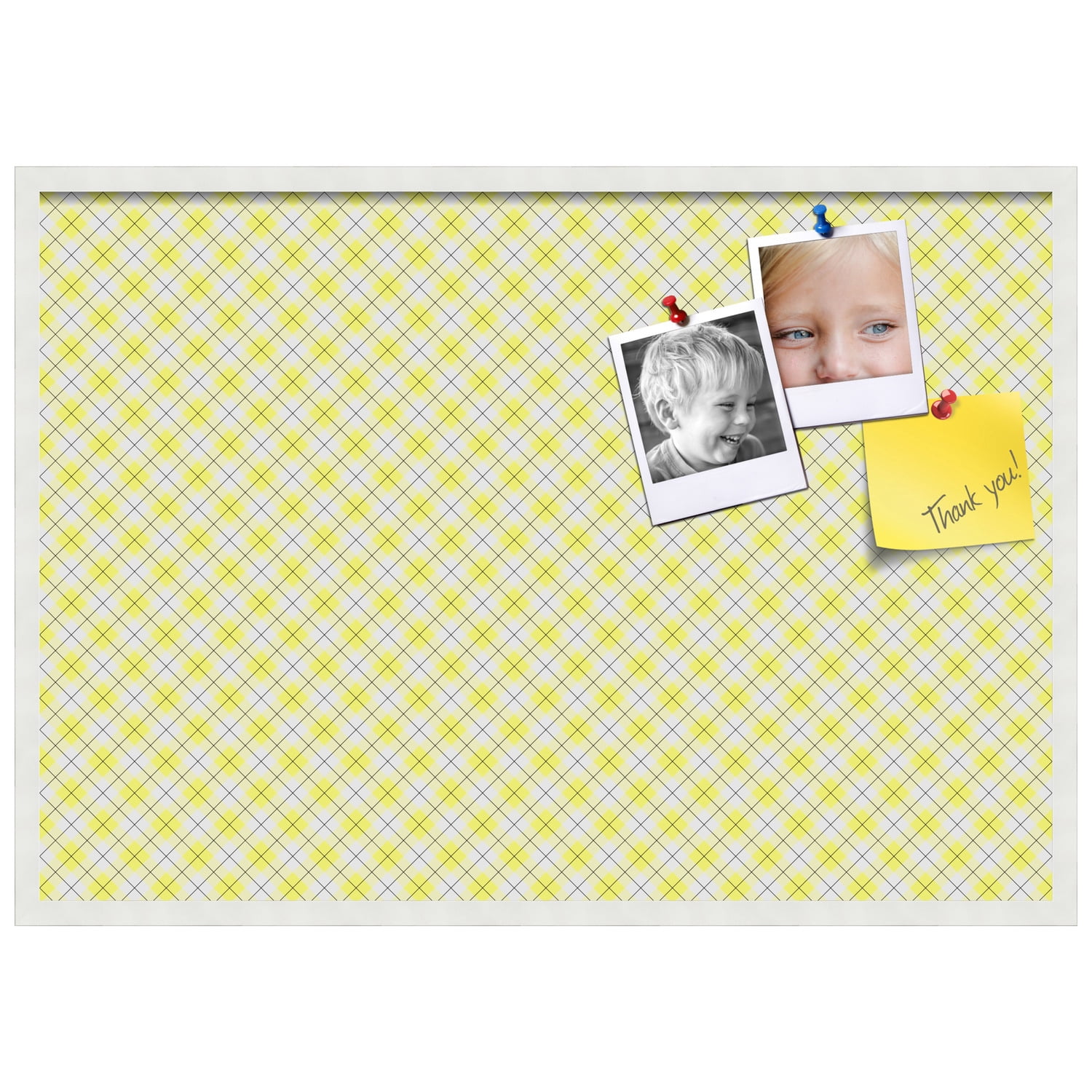 PinPix ArtToFrames 38x26 Custom Cork Bulletin Board Argyle Bright Yellow   Poster Board Has a Fabric Style Canvas Finish, Framed in Satin White Frame (PinPix-647)