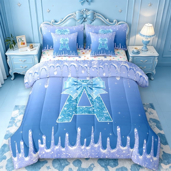 meiyoeat Blue Glitter Bow Monogram A Print 7-Piece Twin Bedding,Chic Ice Drip Initial Bedding Comforter Set For Girl,Colorful Stars Reversible