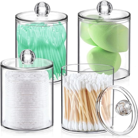 4-Pack Qtip Holder Dispenser - Small Clear Plastic Storage Jars Set for Bathroom Organization, Vanity Makeup Organizer