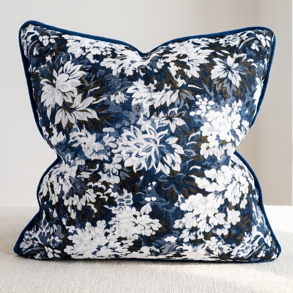Unique Bargains Floral Throw Pillow Cover with Piped Edge Decor Cushion Case Blue 18"x18"