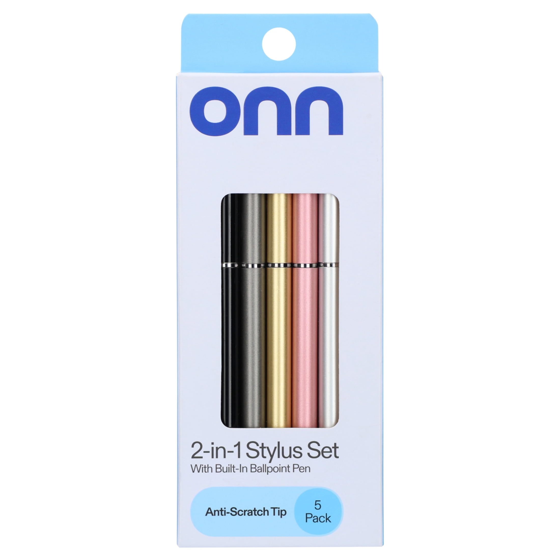 onn. 2-in-1 Stylus with Built-In Ballpoint Pen, 5 Pack