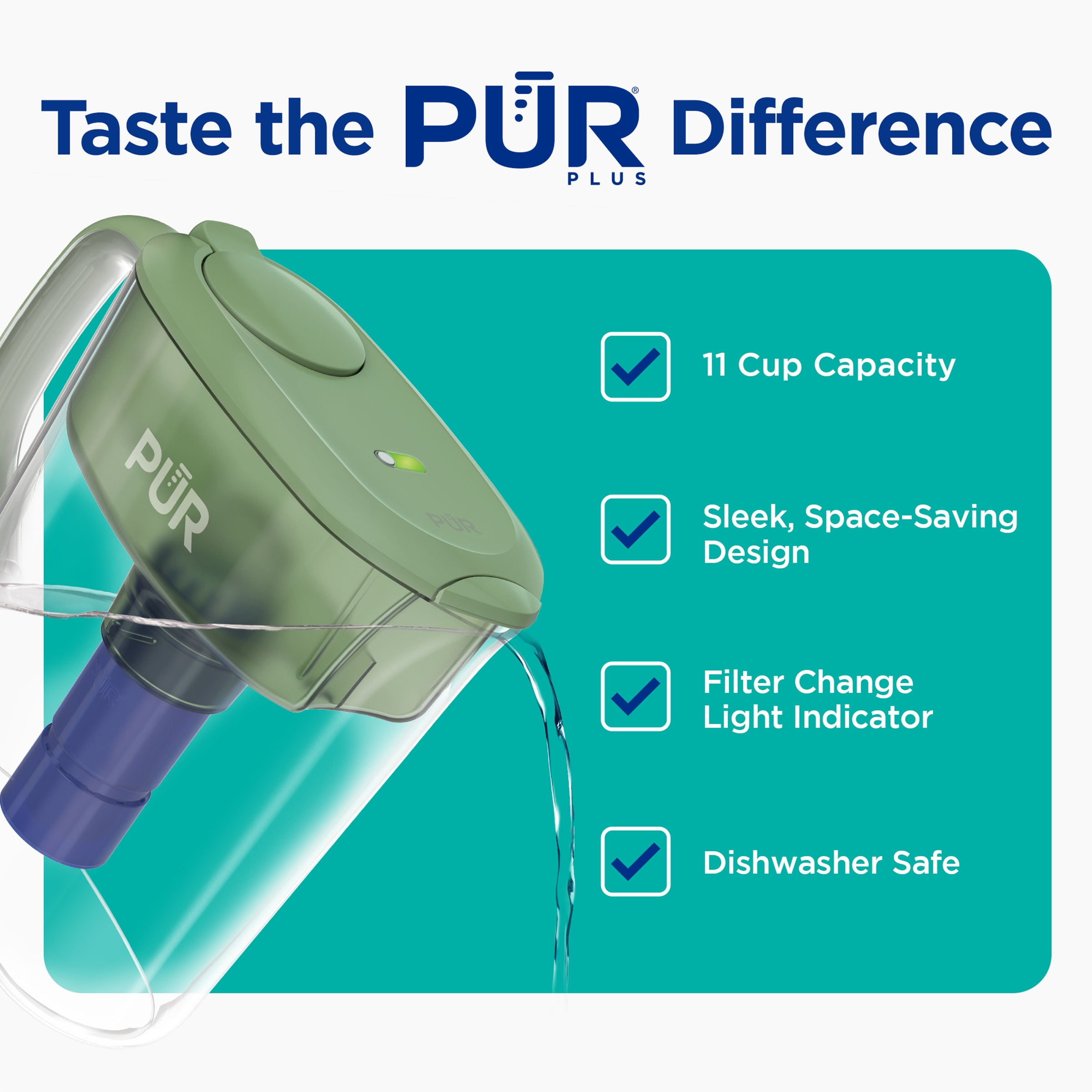 PUR PLUS 11 Cup Water Pitcher with Lead Reducing Filter, W 9.6" x H 10.1" x L 4.5", Sage, PPT111M