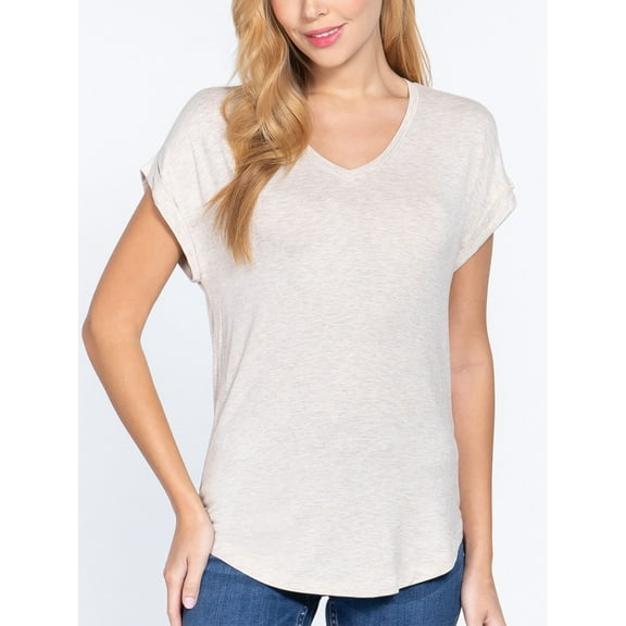 Women Casual Loose Fit V-Neck Cuff Dolman Sleeve Drop Shoulder Jersey T-shirts Top