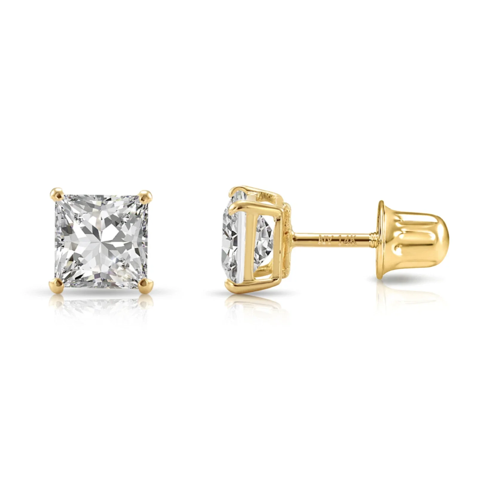 Tilo Jewelry 14K Yellow Gold .35 Carat Solitaire Princess-Cut Diamond Stud Post Earrings with Secure Screw-backs | 3mm | Lab Grown Diamond Earrings | Women, Men, Unisex