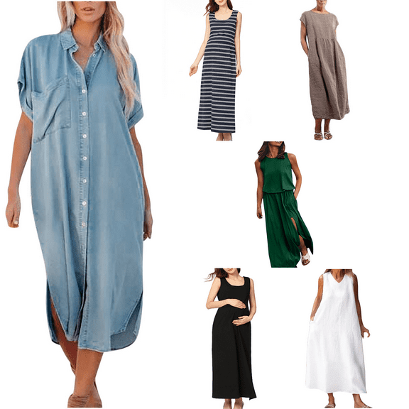 Jacenvly New Plus Size Summer Dresses Fashion Women'S Sexy Summer Casual Sleeveless Round Neck Solid Fork Opening Dress Breathable Leisure Hawaiian Dresses for Women Army Green