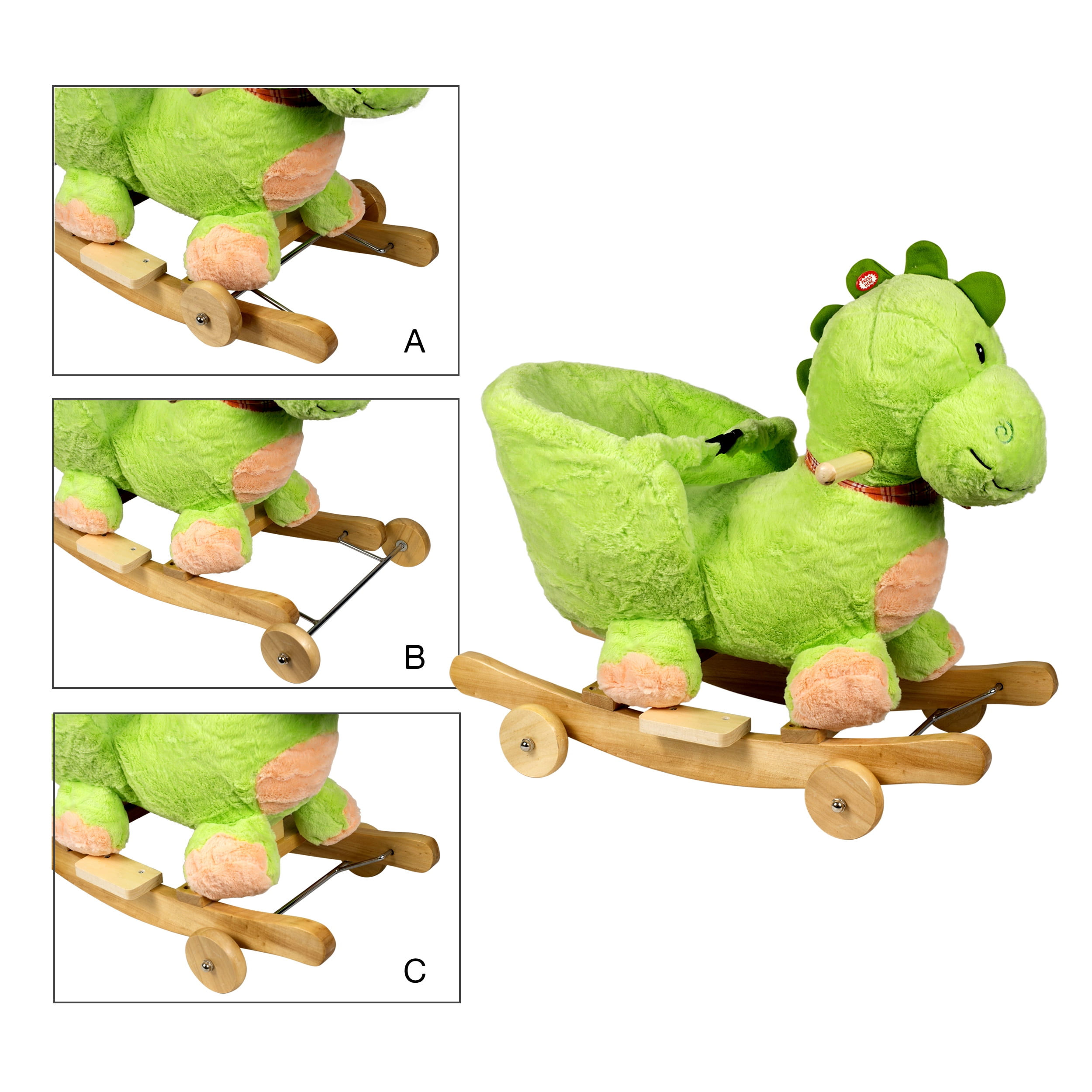 PonyLand Dino Rocking Chair with Wheels and Music, Green for Kids 18 Months and up