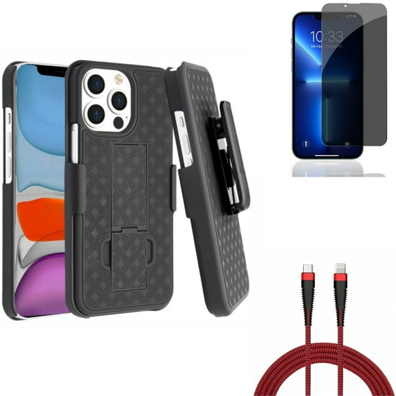 PD Cable & Privacy Screen Protector & Case Belt Clip for iPhone 13 Pro ONLY - 10ft USB-C to iPhone Charger   Tempered Glass Curved Anti-Spy   Holster Swivel Cover Combo