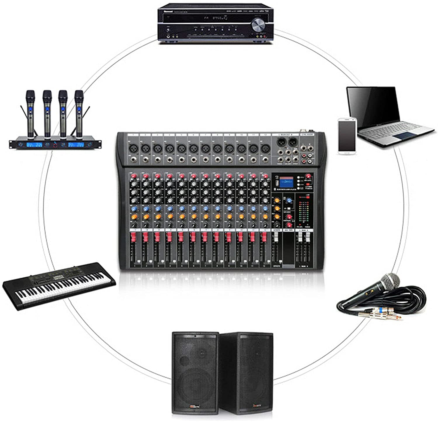 FETCOI 12 Channel Mixing Console Mixer Studio Live Stereo Sound Effect Bluetooth USB