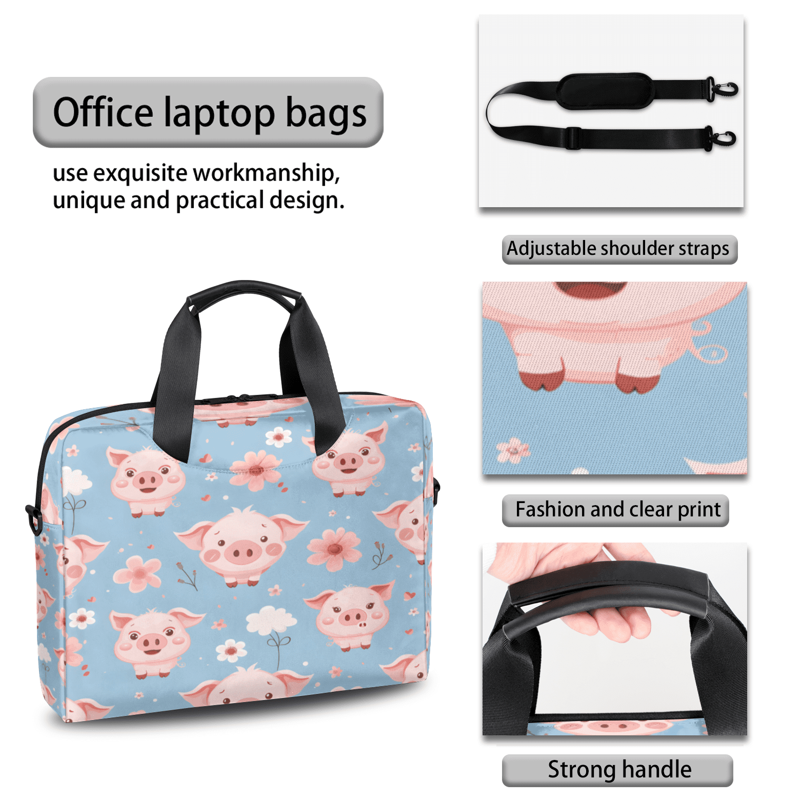 Herdesigns Pink Pig Laptop Bag for Women Men, Computer Case Briefcase Messenger Bags, 15-15.6 inch Laptop Sleeve Shoulder Bag