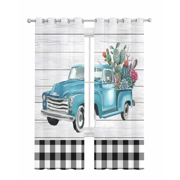 Farmhouse Wood Grain Sheer Curtains 84 Inch Length 2 Panels Set for Living Room/Bedroom, Modern Cactus Truck Black Plaid Kitchen Curtains Grommet Semi-Sheer Curtains Window Treatments 42"x84"x2