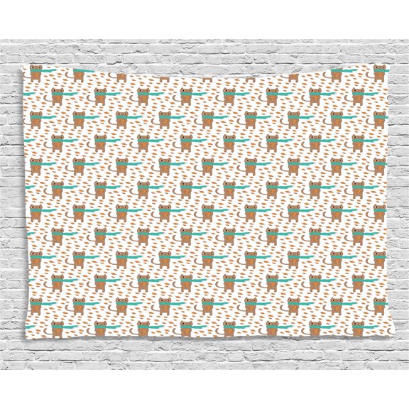 Cat Tapestry, Animal Pattern with Hand Drawn Cat in Scarf Holding Autumn Leaves, Wall Hanging for Bedroom Living Room Dorm Decor, 80W X 60L Inches, Cocoa Turquoise and Pale Orange, by Ambesonne