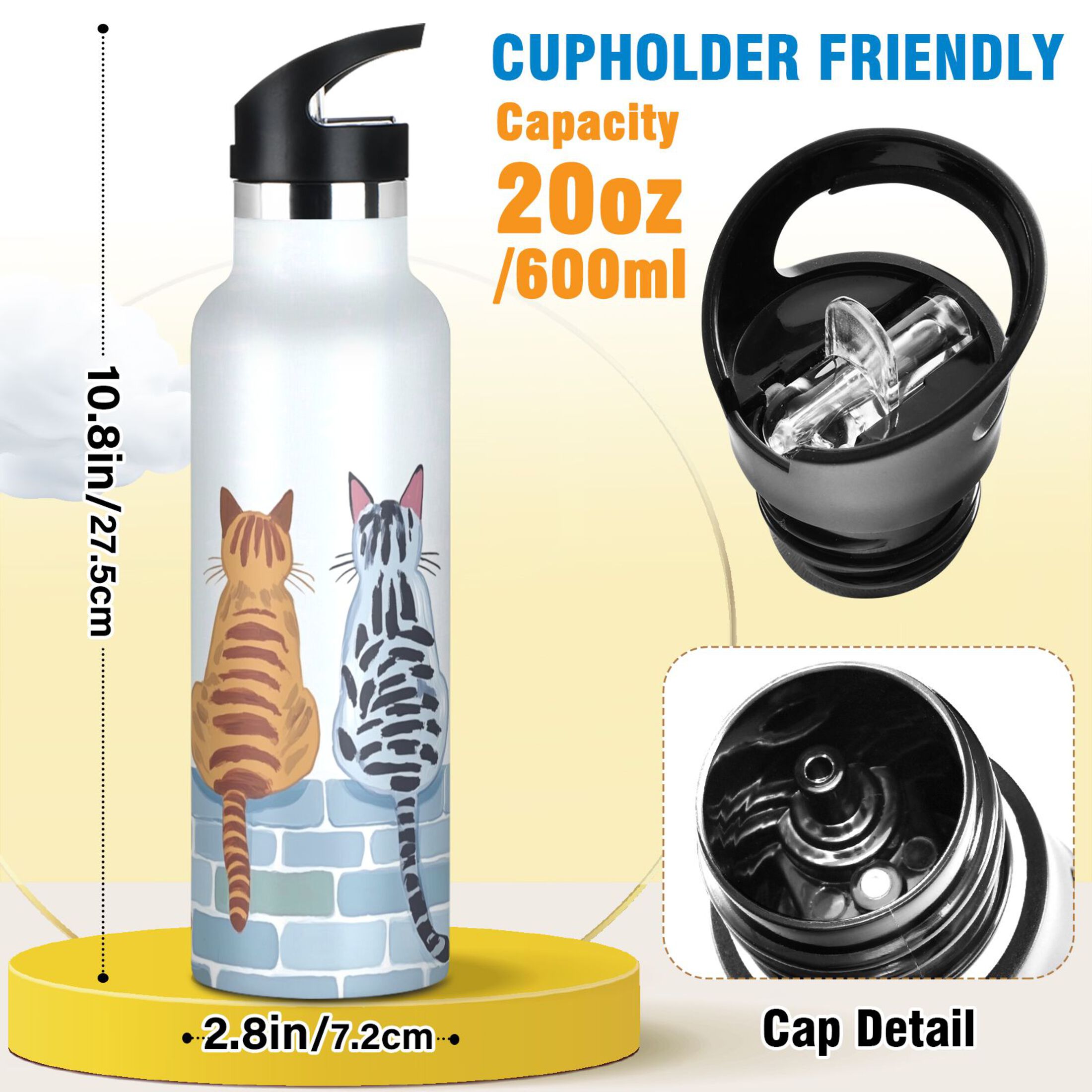 Kids Insulated Stainless Steel Sports Water Bottle 600ml (20oz) Four Cats